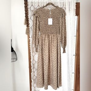 Pretty taupe/light brown dress with white floral pattern. NWT